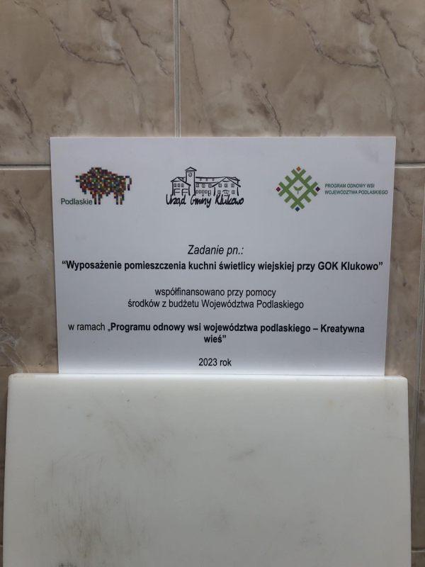 Realizacja zadania pn.: "Wyposażenie pomieszczenia kuchni świetlicy wiejskiej przy GOK w Klukowie"