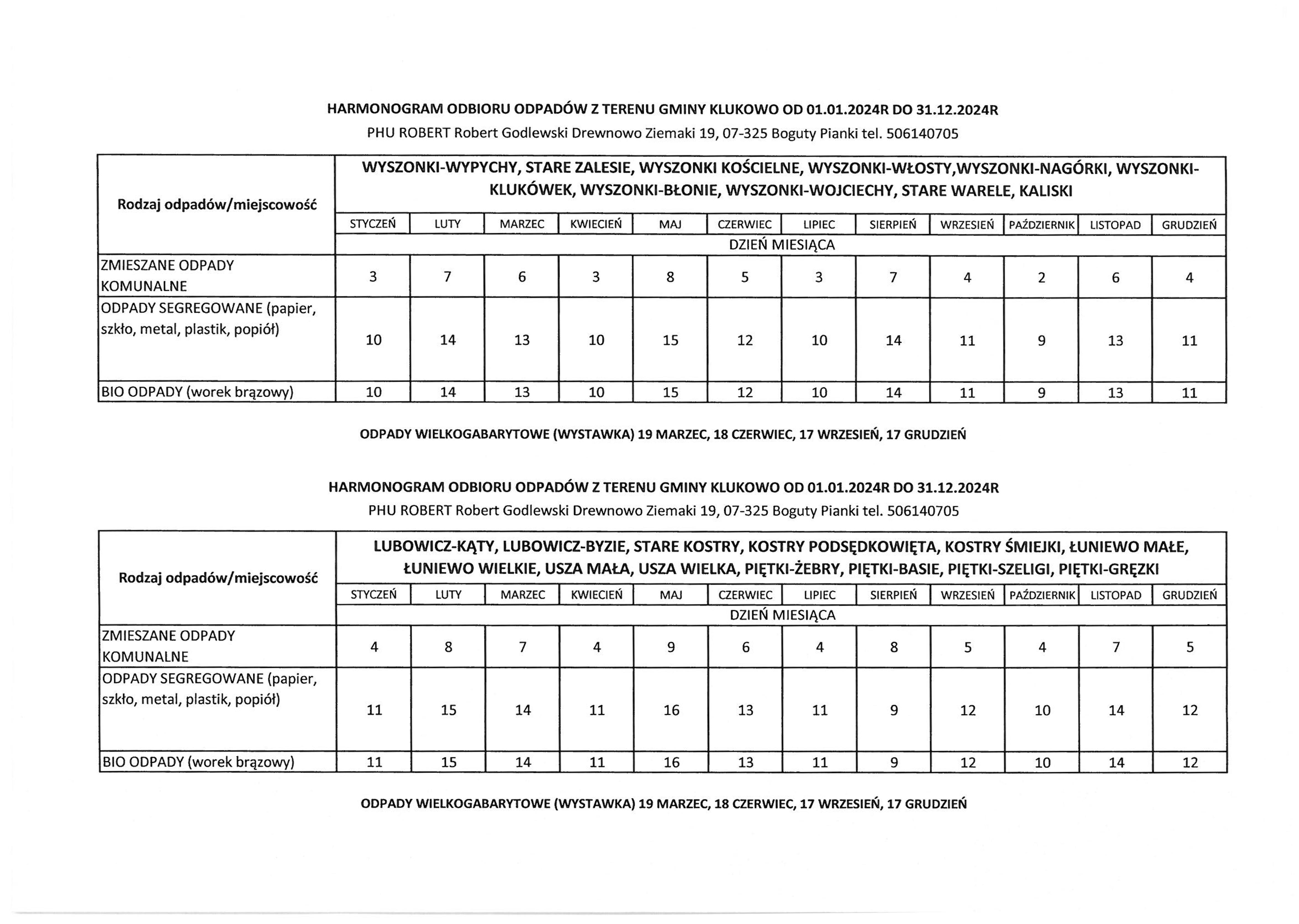 Harmonogram odbioru odpadów komunalnych na 2024 r.
