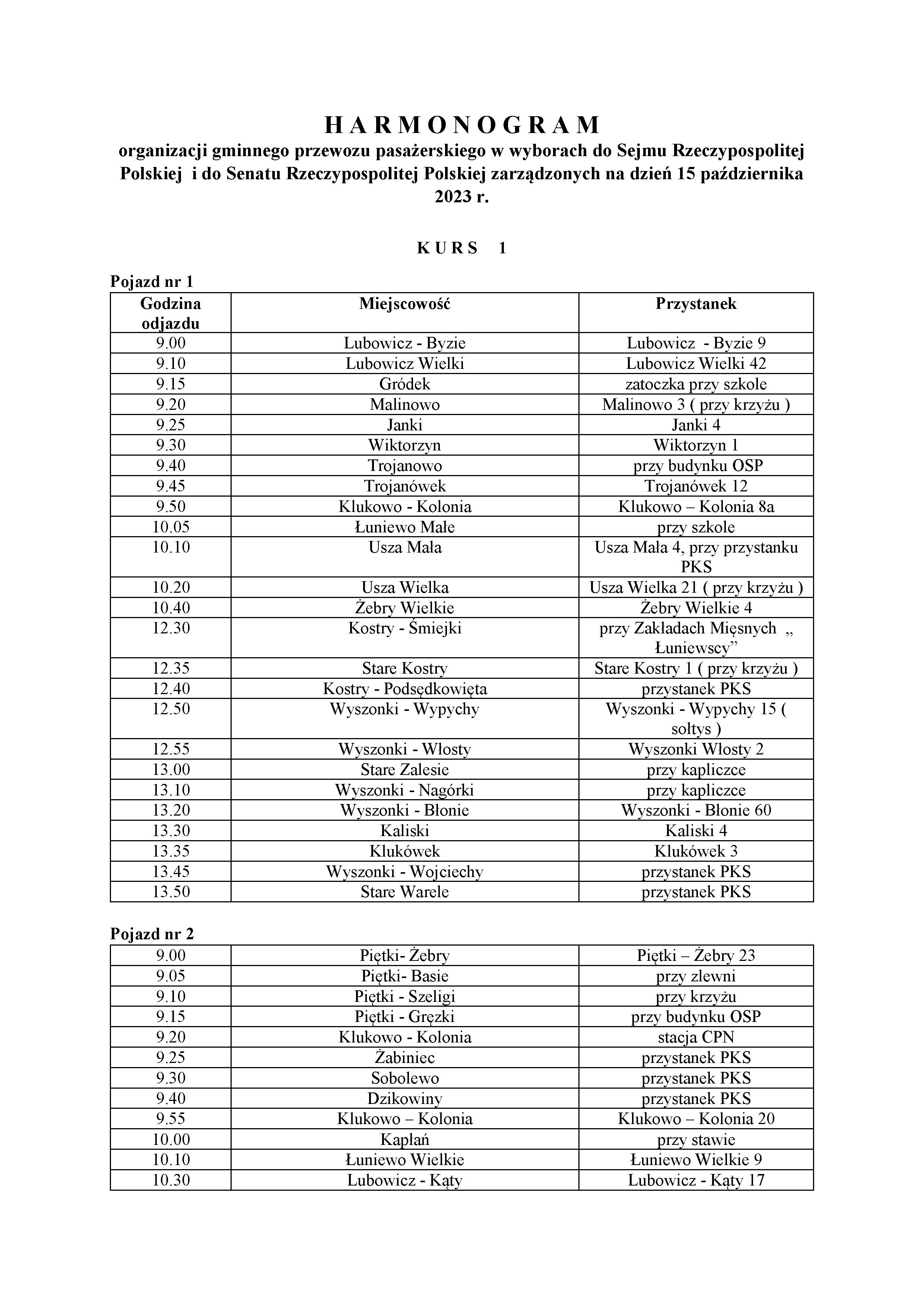 Harmonogram organizacji gminnego przewozu pasażerskiego w wyborach do Sejmu Rzeczypospolitej Polskiej  i do Senatu Rzeczypospolitej Polskiej zarządzonych na dzień 15 października 2023 r.