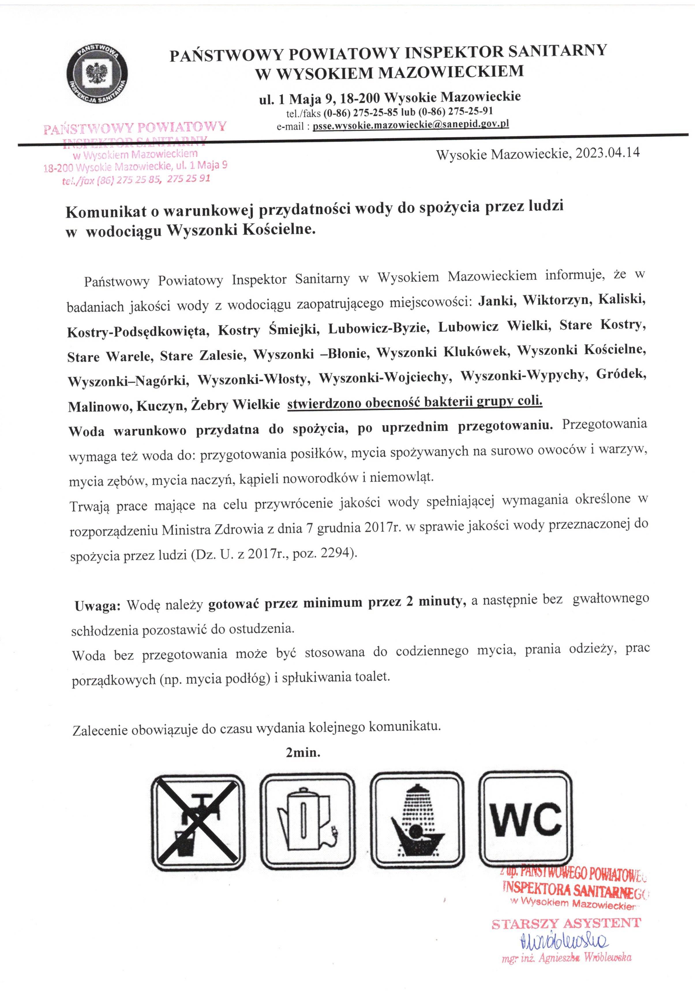 komunikat o warunkowej przydatności wody do spożycia przez ludzi w wodociągu Wyszonki Kościelne