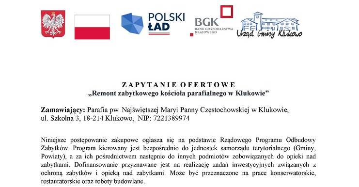 ZAPYTANIE  OFERTOWE „Remont zabytkowego kościoła parafialnego w Klukowie”