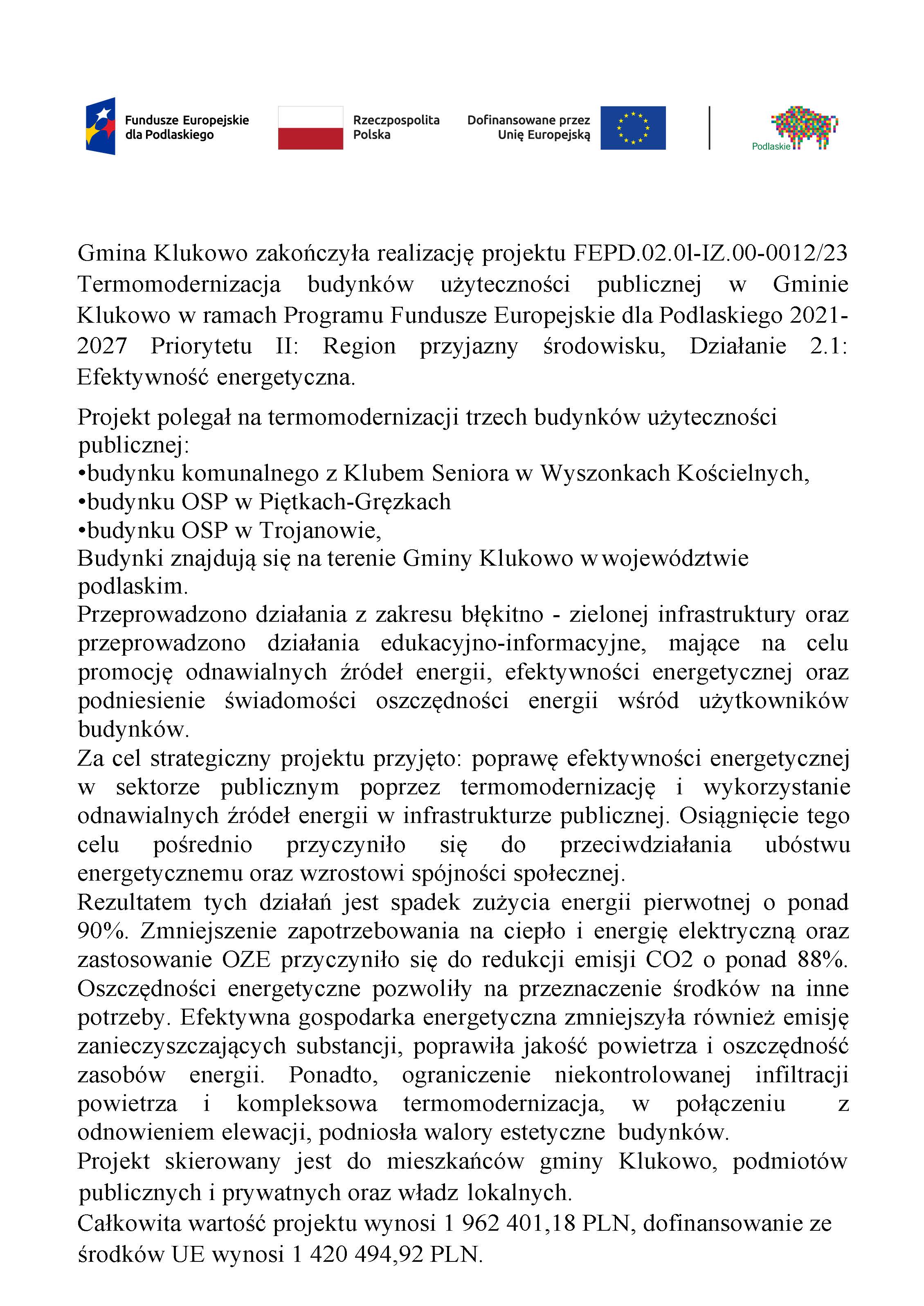 Termomodernizacja budynków użyteczności publicznej w Gminie Klukowo