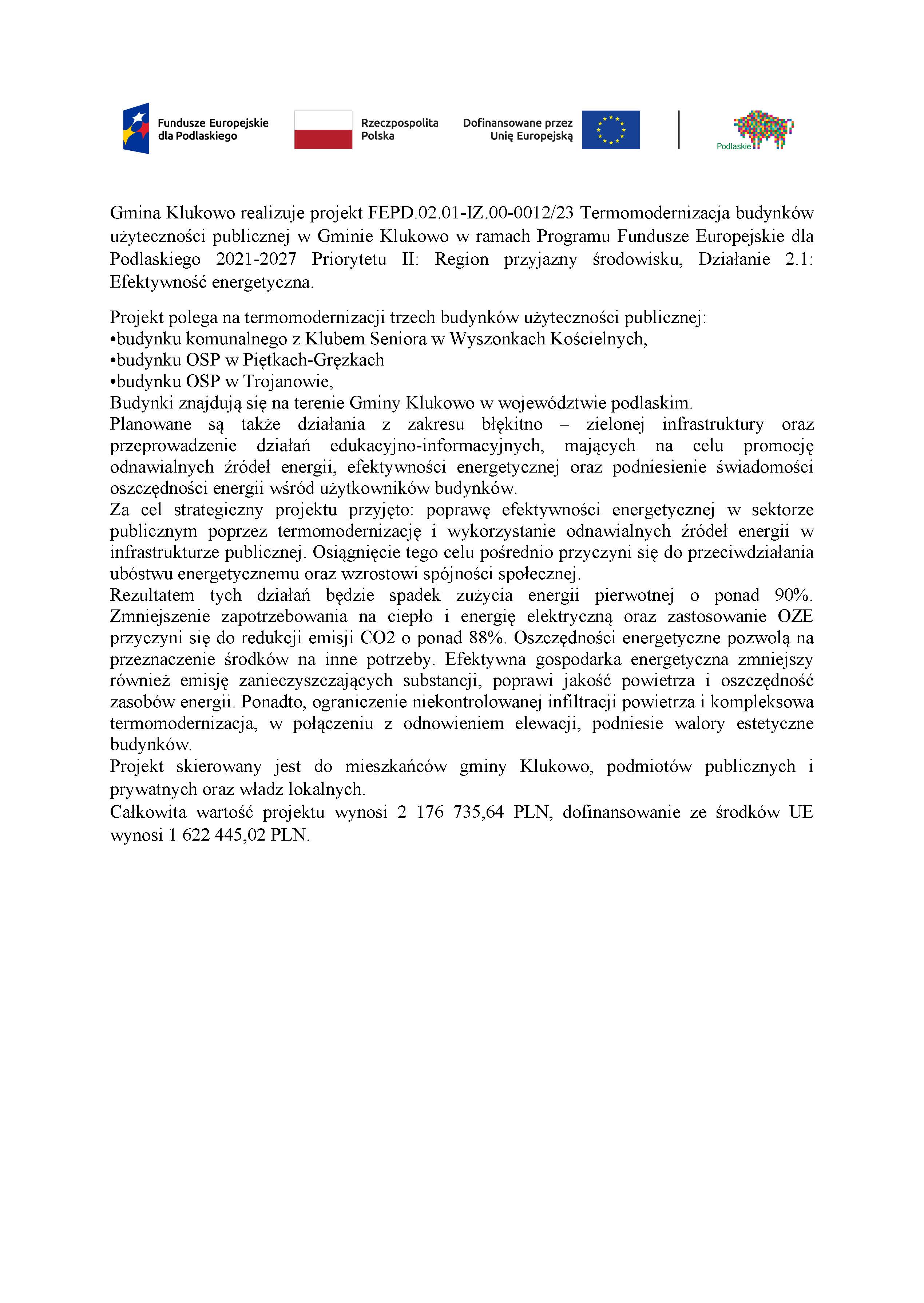 Realizacja projektu „Termomodernizacja budynków użyteczności publicznej w Gminie Klukowo”