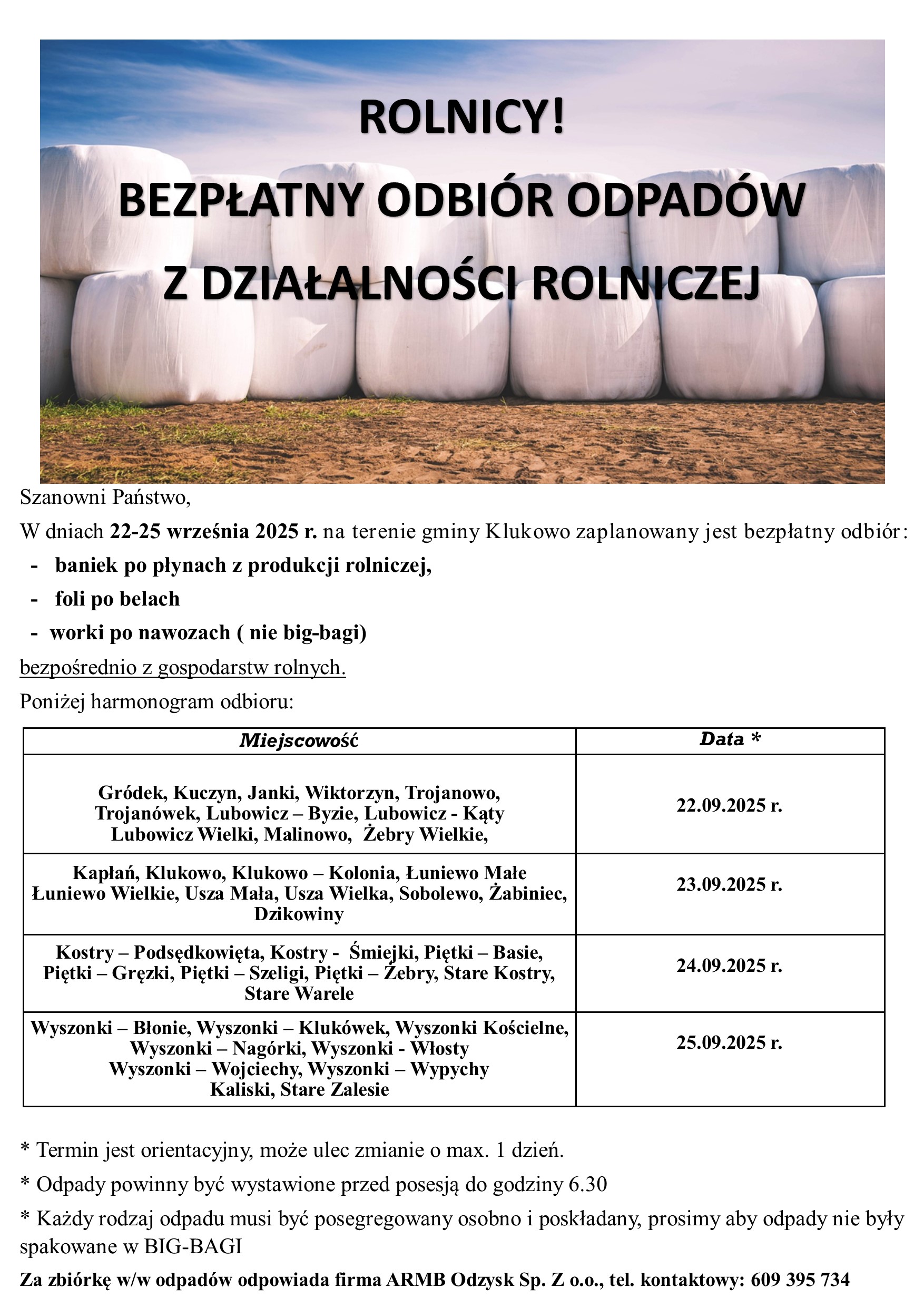 Bezpłatny odbiór odpadów z działalności rolniczej