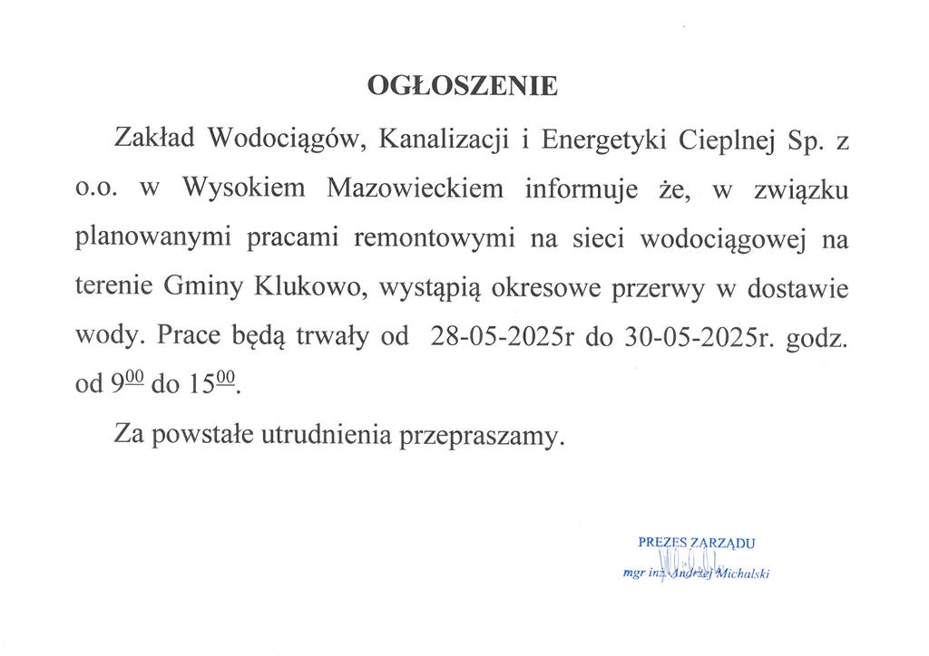 Ogłoszenie - przerwy w dostawach wody