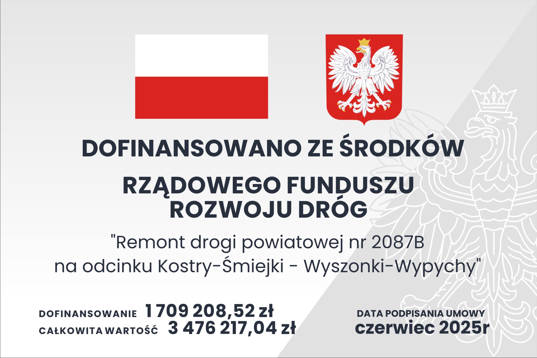 Remont drogi powiatowej nr 2087B na odcinku Kostry-Śmiejki - Wyszonki-Wypychy - zakończony