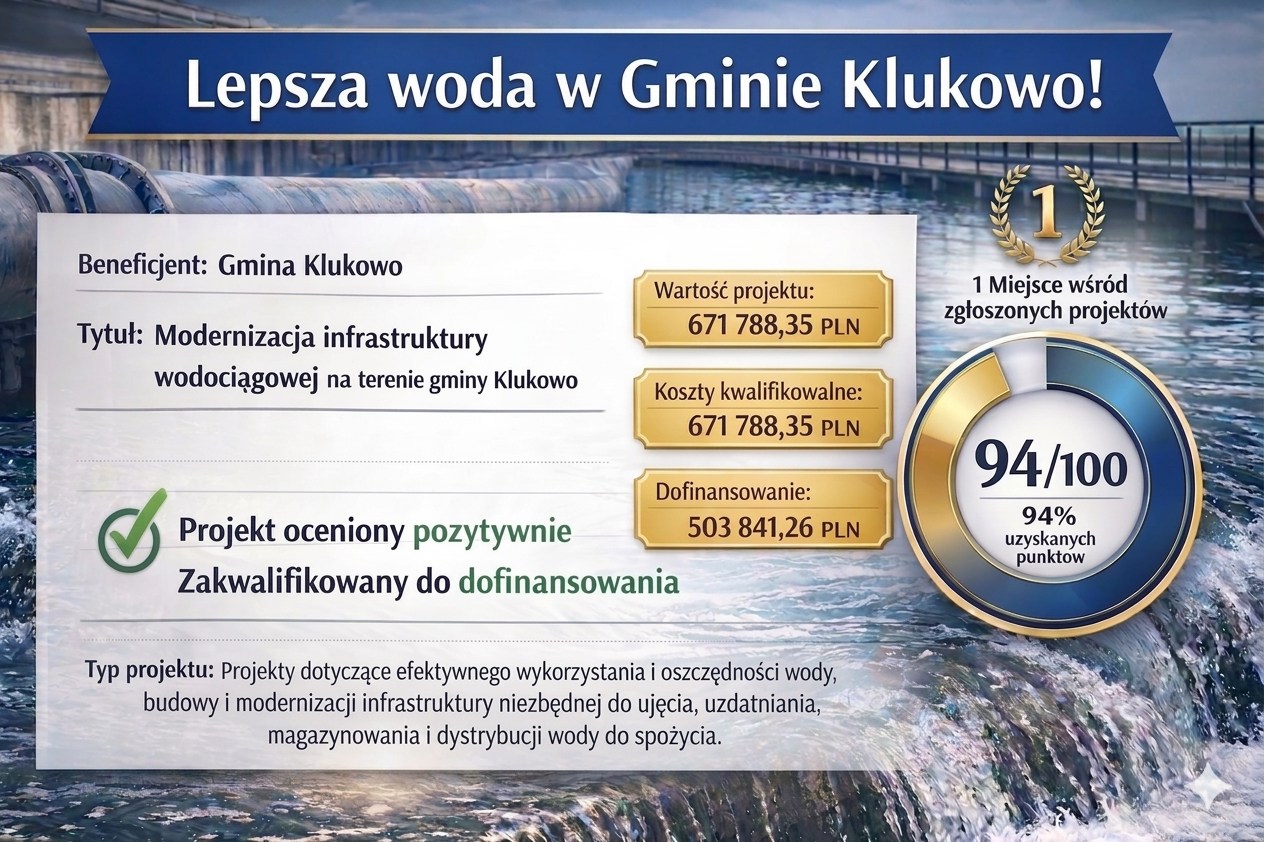 503 841,26 zł dofinansowania na projekt „Modernizacja infrastruktury wodociągowej na terenie gminy Klukowo”