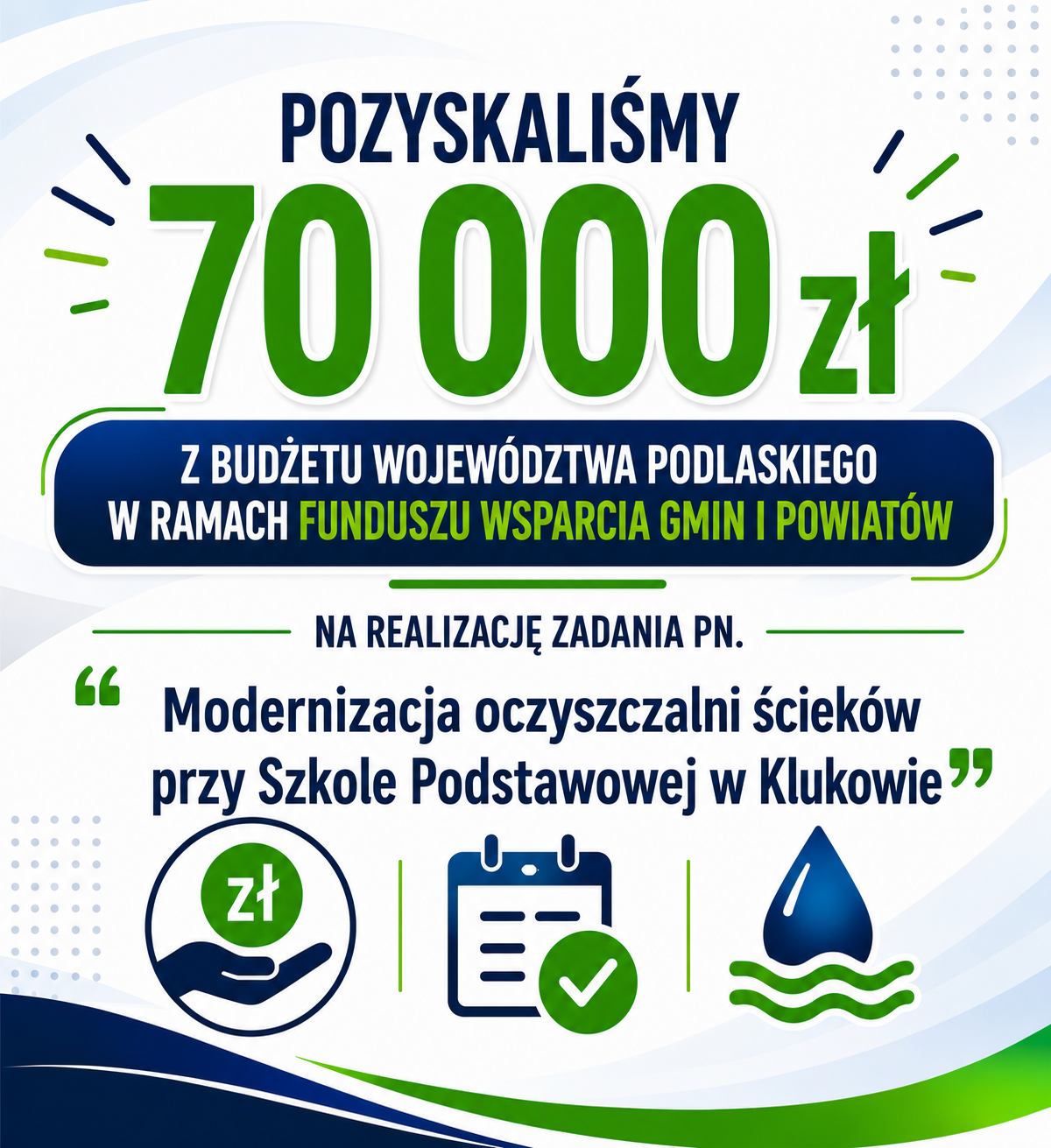 70 000 zł dofinansowania na modernizację oczyszczalni ścieków przy Szkole Podstawowej w Klukowie