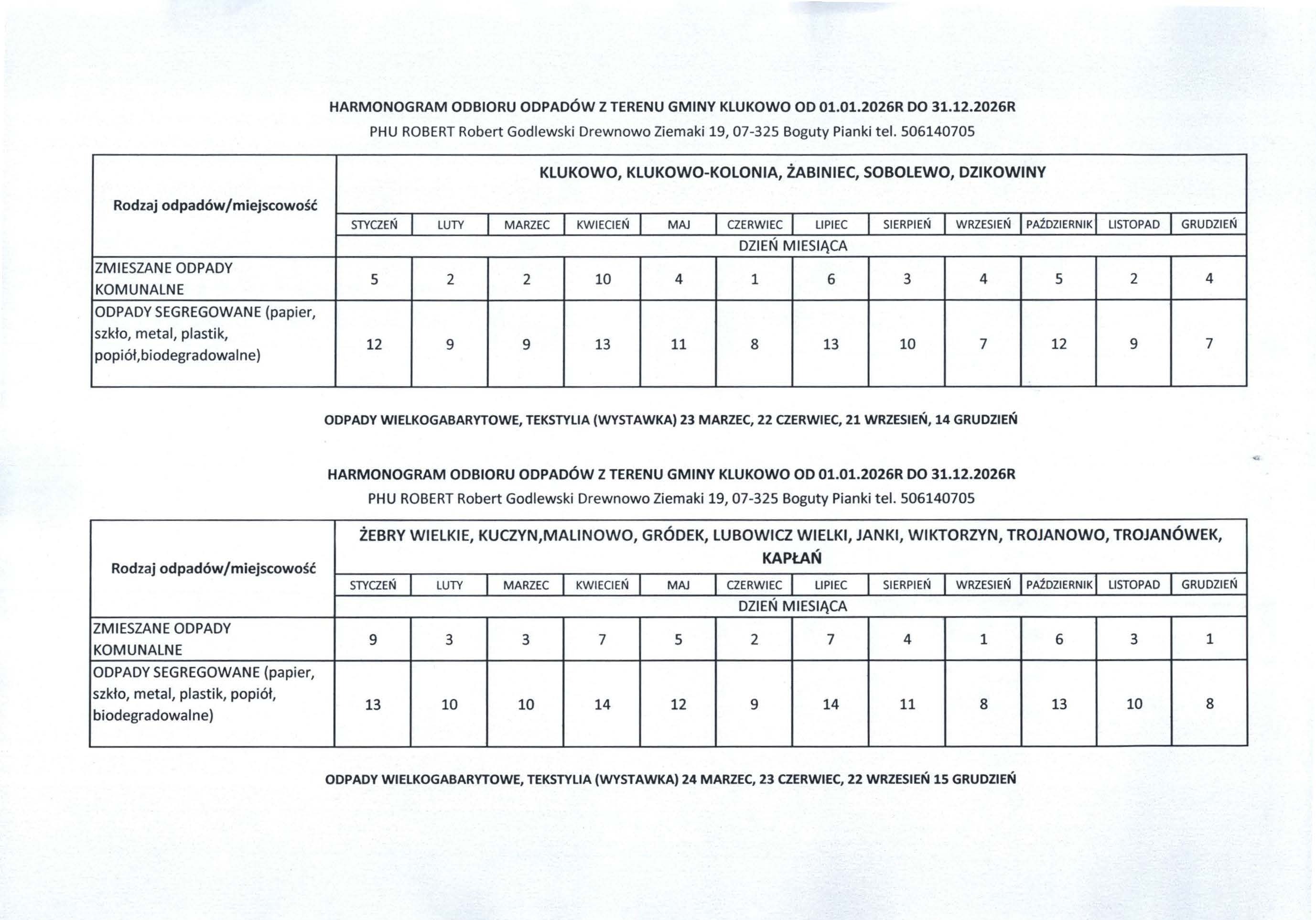 Harmonogram odbioru odpadów w 2026 r.