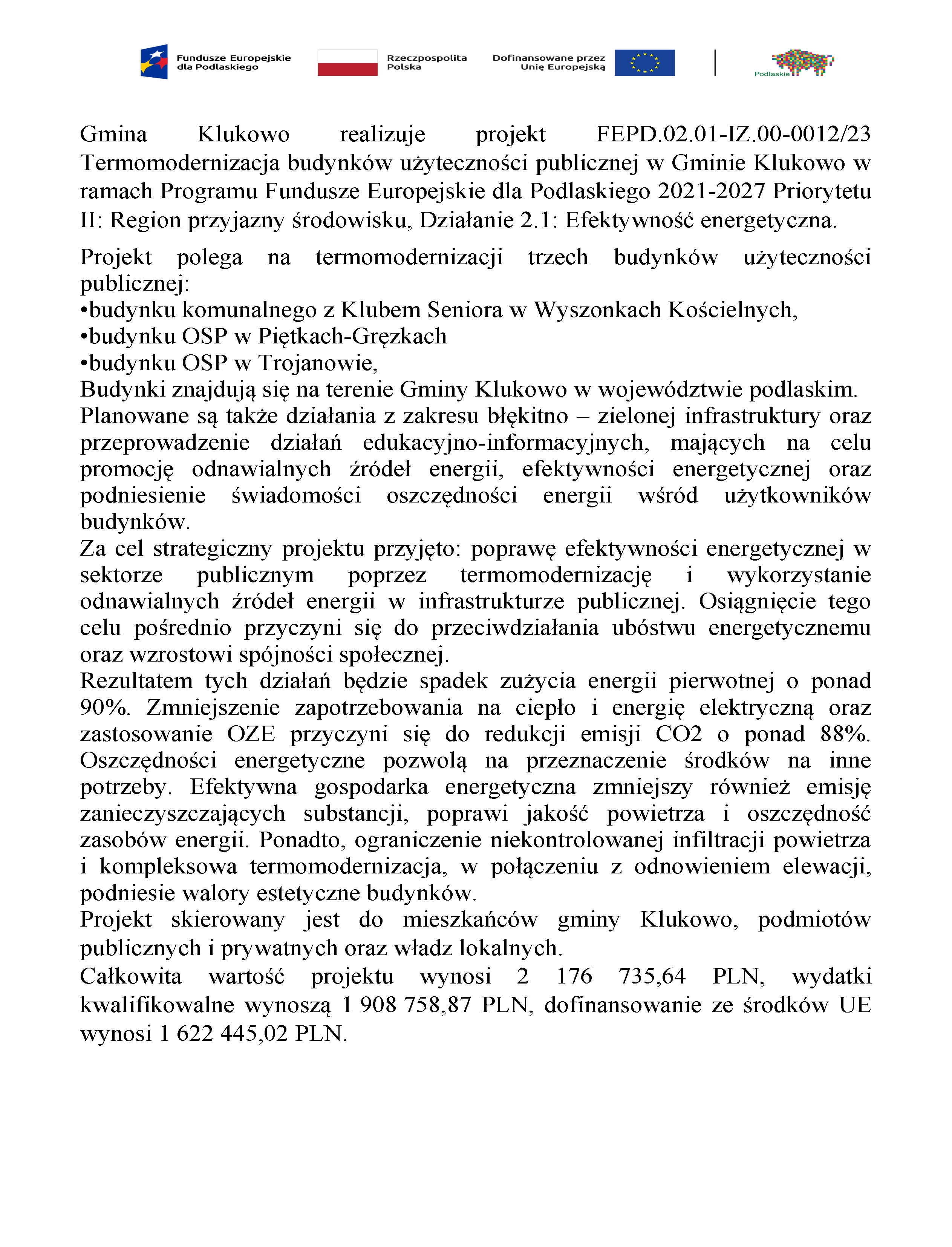 Realizacja projektu „Termomodernizacja budynków użyteczności publicznej w Gminie Klukowo”