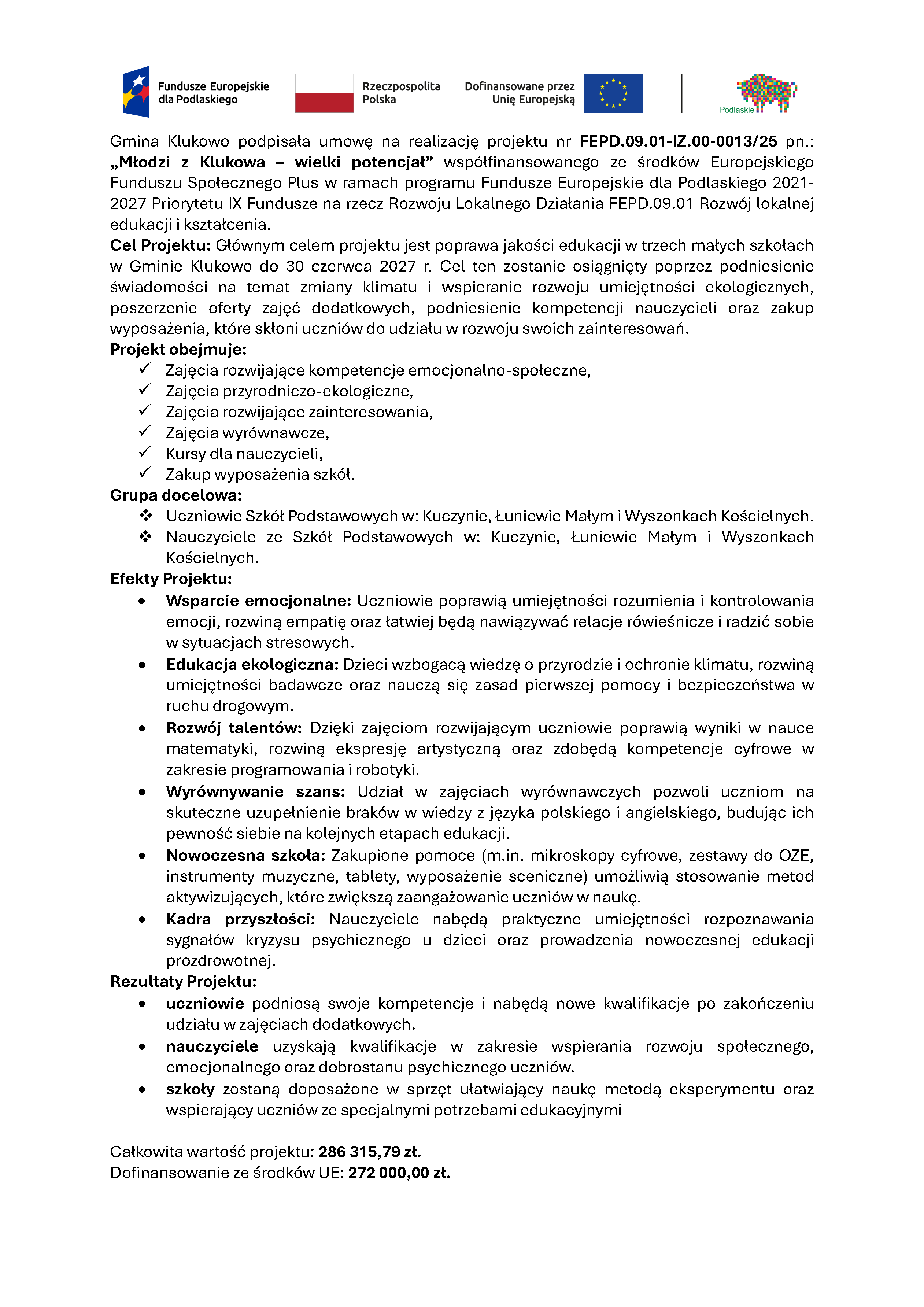 Realizacja projektu "Młodzi z Klukowa - wielki potencjał"