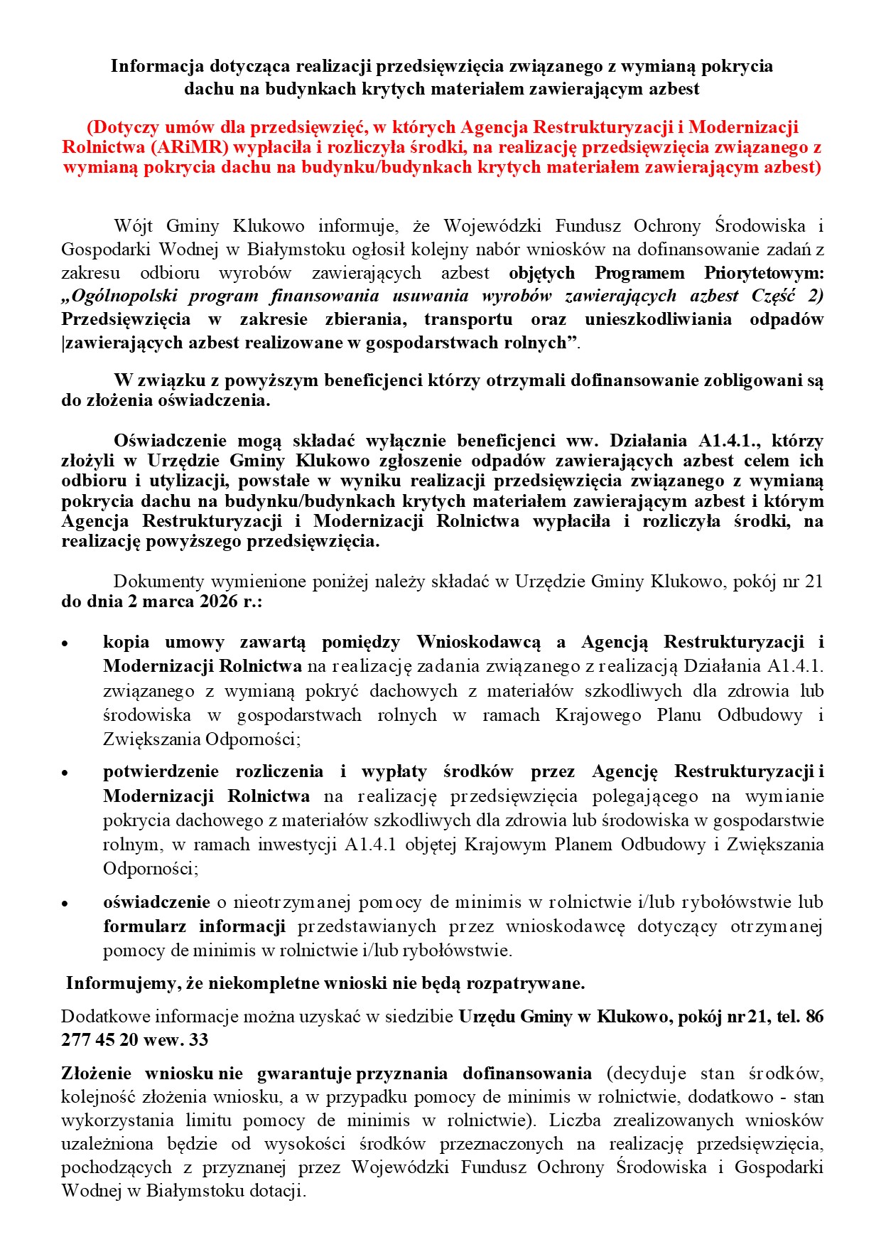 Informacja dotycząca realizacji przedsięwzięcia związanego z wymianą pokrycia dachu na budynkach krytych materiałem zawierającym azbest