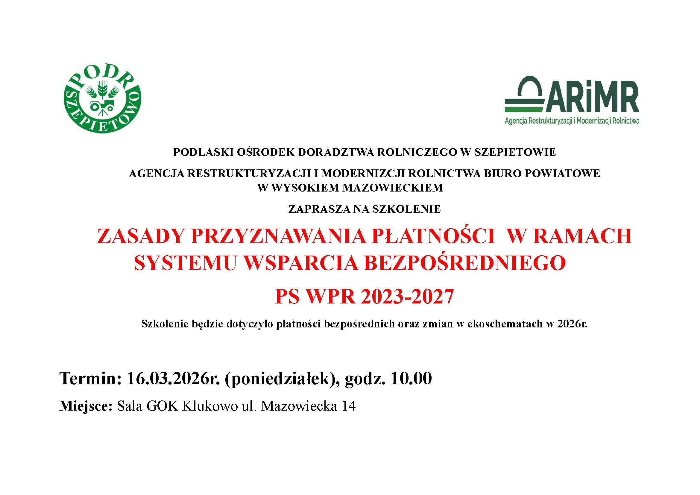 Zaproszenie na szkolenie z płatności bezpośrednich oraz zmian w ekoschematach w 2026 r.